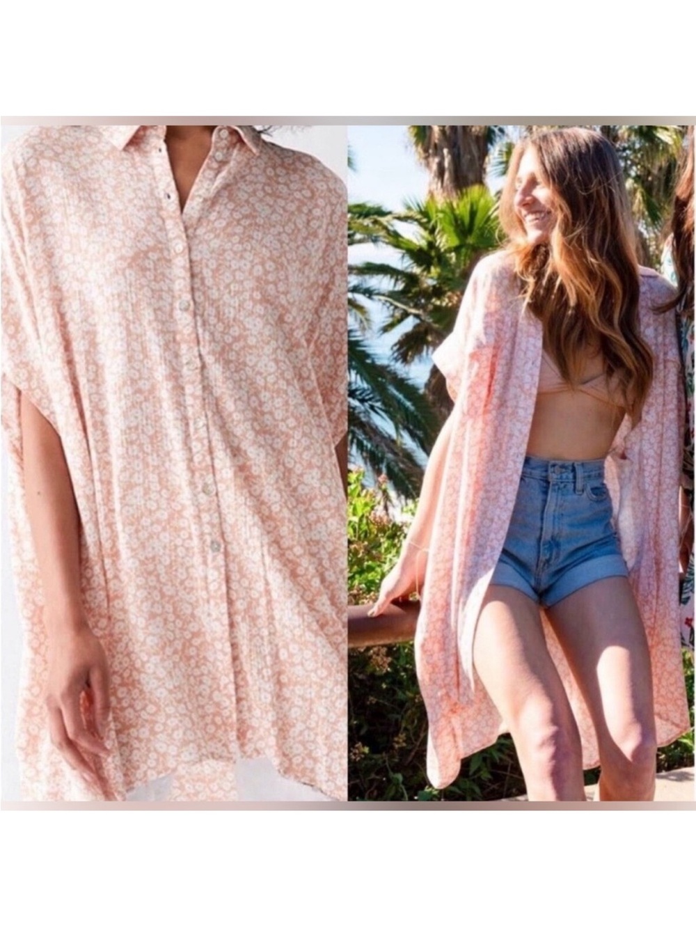 Lost + Wander Peach Floral Button-Front Kimono Shirt